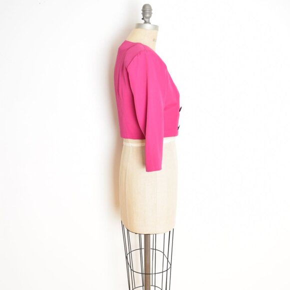 vintage 80s jacket fucshia pink crop top strong shoulder cropped blazer S - Picture 4 of 8